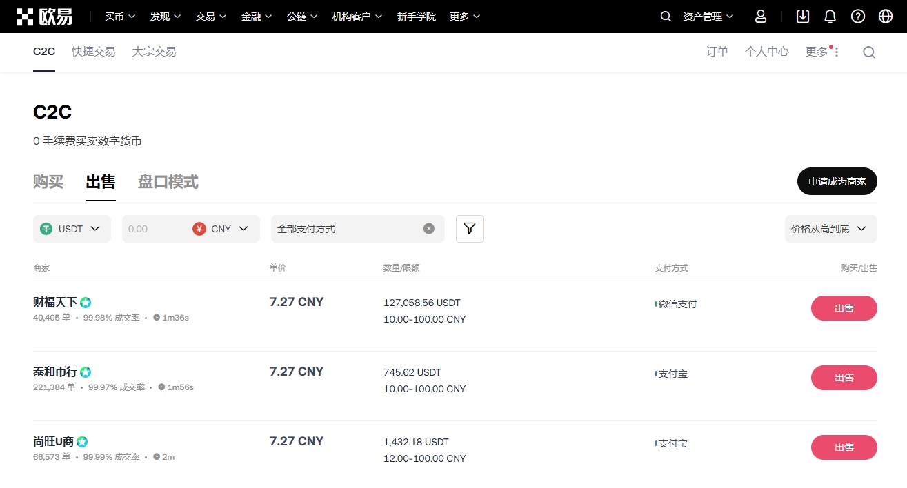 欧易 C2C 卖币 OKX C2C Sell USDT